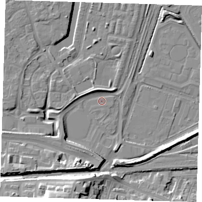 Shaded relief map of the ground around SE280AJ, computed from Environment Agency LiDAR. The ground here sits at about 3 m above sea level and falls 19 m across the surrounding 800 m. Surface water reaching this point runs off ground lying to the south-south-west, 5.3 m higher.