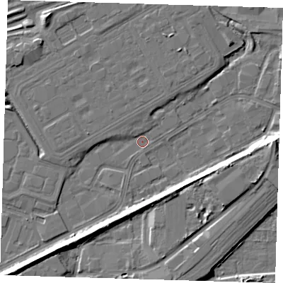Shaded relief map of the ground around SE280AQ, computed from Environment Agency LiDAR. The ground here sits at about 1 m above sea level and falls 8 m across the surrounding 800 m. Surface water reaching this point runs off ground lying to the north, 1.5 m higher.
