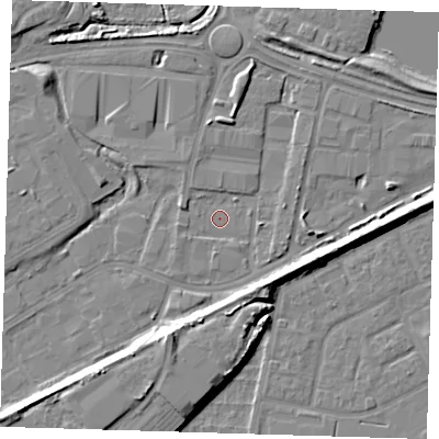 Shaded relief map of the ground around SE280AT, computed from Environment Agency LiDAR. The ground here sits at about 1 m above sea level and falls 9 m across the surrounding 800 m. Surface water reaching this point runs off ground lying to the north, 3.5 m higher.
