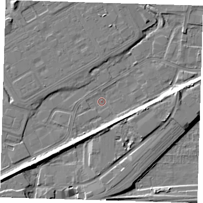 Shaded relief map of the ground around SE280AU, computed from Environment Agency LiDAR. The ground here sits at about 1 m above sea level and falls 8 m across the surrounding 800 m. Surface water reaching this point runs off ground lying to the east, 7.6 m higher.
