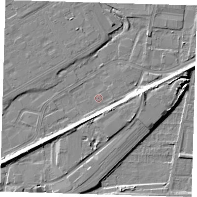 Shaded relief map of the ground around SE280AX, computed from Environment Agency LiDAR. The ground here sits at about 1 m above sea level and falls 8 m across the surrounding 800 m. Surface water reaching this point runs off ground lying to the east, 7.5 m higher.