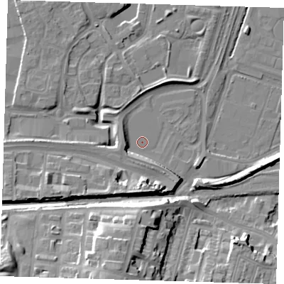 Shaded relief map of the ground around SE280BJ, computed from Environment Agency LiDAR. The ground here sits at about 3 m above sea level and falls 23 m across the surrounding 800 m. Surface water reaching this point runs off ground lying to the west, 3.7 m higher.