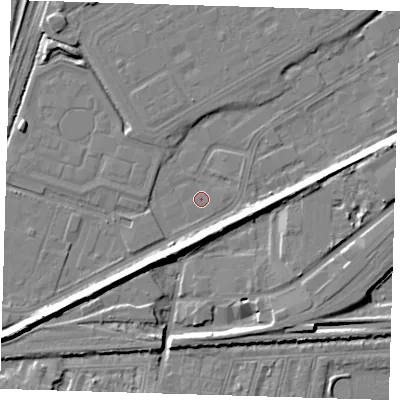 Shaded relief map of the ground around SE280BQ, computed from Environment Agency LiDAR. The ground here sits at about 1 m above sea level and falls 8 m across the surrounding 800 m. Surface water reaching this point runs off ground lying to the south-west, 6.7 m higher.