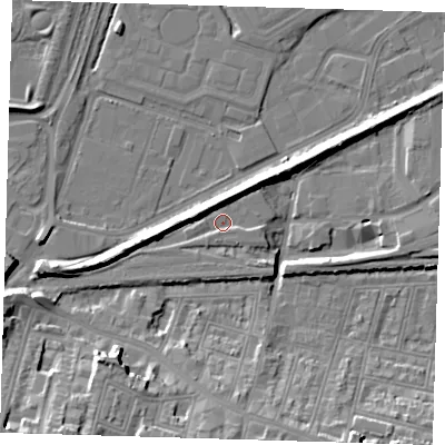 Shaded relief map of the ground around SE280BT, computed from Environment Agency LiDAR. The ground here sits at about 3 m above sea level and falls 16 m across the surrounding 800 m. Surface water reaching this point runs off ground lying to the south-south-west, 1.4 m higher.