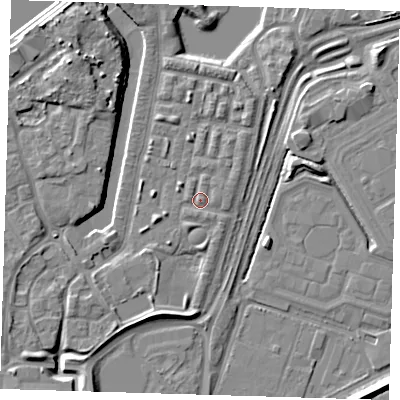 Shaded relief map of the ground around SE280DA, computed from Environment Agency LiDAR. The ground here sits at about 3 m above sea level and falls 10 m across the surrounding 800 m. Surface water reaching this point runs off ground lying to the south-south-west, 0.9 m higher.