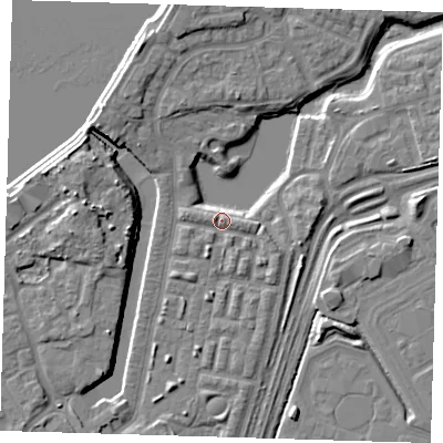 Shaded relief map of the ground around SE280DB, computed from Environment Agency LiDAR. The ground here sits at about 3 m above sea level and falls 10 m across the surrounding 800 m. Surface water reaching this point runs off ground lying to the east-north-east, 4.0 m higher.