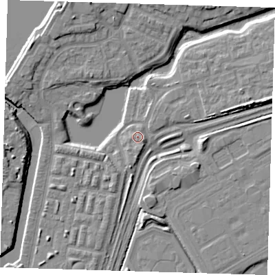 Shaded relief map of the ground around SE280DD, computed from Environment Agency LiDAR. The ground here sits at about 3 m above sea level and falls 9 m across the surrounding 800 m. Surface water reaching this point runs off ground lying to the south-east, 1.1 m higher.