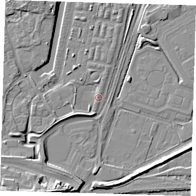 Shaded relief map of the ground around SE280DE, computed from Environment Agency LiDAR. The ground here sits at about 3 m above sea level and falls 12 m across the surrounding 800 m. Surface water reaching this point runs off ground lying to the south-west, 4.2 m higher.