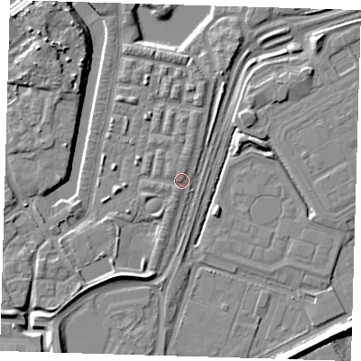 Shaded relief map of the ground around SE280DF, computed from Environment Agency LiDAR. The ground here sits at about 3 m above sea level and falls 10 m across the surrounding 800 m. Surface water reaching this point runs off ground lying to the west, 0.9 m higher.