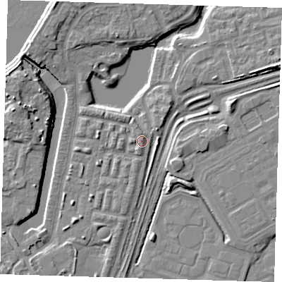Shaded relief map of the ground around SE280DG, computed from Environment Agency LiDAR. The ground here sits at about 3 m above sea level and falls 10 m across the surrounding 800 m. Surface water reaching this point runs off ground lying to the north-north-east, 1.0 m higher.