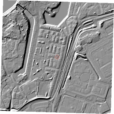 Shaded relief map of the ground around SE280DH, computed from Environment Agency LiDAR. The ground here sits at about 3 m above sea level and falls 10 m across the surrounding 800 m. Surface water reaching this point runs off ground lying to the south-south-east, 0.6 m higher.