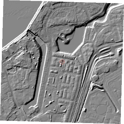 Shaded relief map of the ground around SE280DJ, computed from Environment Agency LiDAR. The ground here sits at about 3 m above sea level and falls 10 m across the surrounding 800 m. Surface water reaching this point runs off ground lying to the south-south-west, 1.6 m higher.