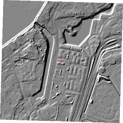 Shaded relief map of the ground around SE280DL, computed from Environment Agency LiDAR. The ground here sits at about 3 m above sea level and falls 10 m across the surrounding 800 m. Surface water reaching this point runs off ground lying to the south-west, 1.6 m higher.