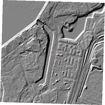 Shaded relief map of the ground around SE280DP, computed from Environment Agency LiDAR. The ground here sits at about 3 m above sea level and falls 10 m across the surrounding 800 m. Surface water reaching this point runs off ground lying to the south-south-west, 3.0 m higher.