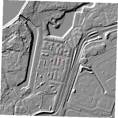 Shaded relief map of the ground around SE280DQ, computed from Environment Agency LiDAR. The ground here sits at about 3 m above sea level and falls 10 m across the surrounding 800 m. Surface water reaching this point runs off ground lying to the west-north-west, 1.9 m higher.