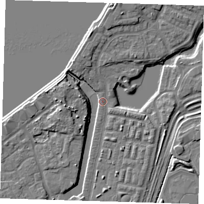 Shaded relief map of the ground around SE280DR, computed from Environment Agency LiDAR. The ground here sits at about 3 m above sea level and falls 10 m across the surrounding 800 m. Surface water reaching this point runs off ground lying to the west, 8.4 m higher.