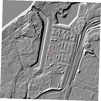 Shaded relief map of the ground around SE280DS, computed from Environment Agency LiDAR. The ground here sits at about 3 m above sea level and falls 10 m across the surrounding 800 m. Surface water reaching this point runs off ground lying to the south-east, 1.3 m higher.