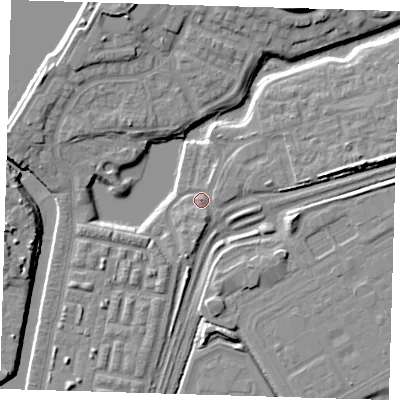 Shaded relief map of the ground around SE280DT, computed from Environment Agency LiDAR. The ground here sits at about 2 m above sea level and falls 9 m across the surrounding 800 m. Surface water reaching this point runs off ground lying to the north-east, 1.5 m higher.