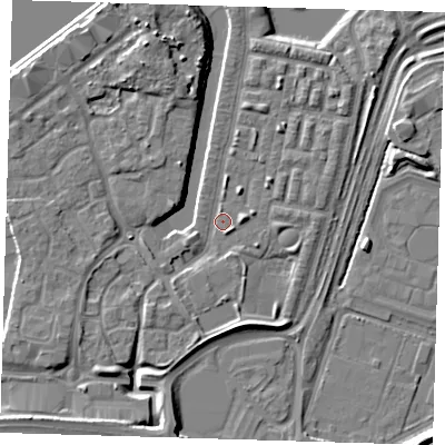 Shaded relief map of the ground around SE280DU, computed from Environment Agency LiDAR. The ground here sits at about 3 m above sea level and falls 10 m across the surrounding 800 m. Surface water reaching this point runs off ground lying to the south-west, 6.0 m higher.