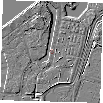 Shaded relief map of the ground around SE280DW, computed from Environment Agency LiDAR. The ground here sits at about 3 m above sea level and falls 10 m across the surrounding 800 m. Surface water reaching this point runs off ground lying to the south-south-east, 4.6 m higher.