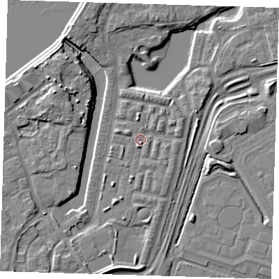 Shaded relief map of the ground around SE280DY, computed from Environment Agency LiDAR. The ground here sits at about 3 m above sea level and falls 10 m across the surrounding 800 m. Surface water reaching this point runs off ground lying to the west-north-west, 1.9 m higher.