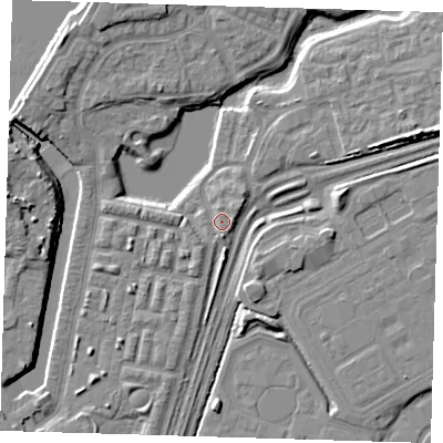 Shaded relief map of the ground around SE280ED, computed from Environment Agency LiDAR. The ground here sits at about 2 m above sea level and falls 10 m across the surrounding 800 m. Surface water reaching this point runs off ground lying to the south-west, 1.6 m higher.