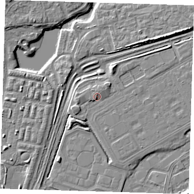 Shaded relief map of the ground around SE280EY, computed from Environment Agency LiDAR. The ground here sits at about 3 m above sea level and falls 7 m across the surrounding 800 m. Surface water reaching this point runs off ground lying to the north-north-west, 1.6 m higher.