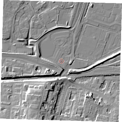 Shaded relief map of the ground around SE280FE, computed from Environment Agency LiDAR. The ground here sits at about 3 m above sea level and falls 25 m across the surrounding 800 m. Surface water reaching this point runs off ground lying to the south, 5.4 m higher.