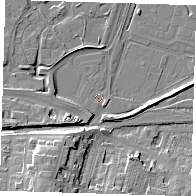 Shaded relief map of the ground around SE280FF, computed from Environment Agency LiDAR. The ground here sits at about 3 m above sea level and falls 24 m across the surrounding 800 m. Surface water reaching this point runs off ground lying to the south-south-west, 1.0 m higher.