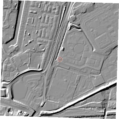 Shaded relief map of the ground around SE280FJ, computed from Environment Agency LiDAR. The ground here sits at about 2 m above sea level and falls 12 m across the surrounding 800 m. Surface water reaching this point runs off ground lying to the north-north-east, 3.9 m higher.