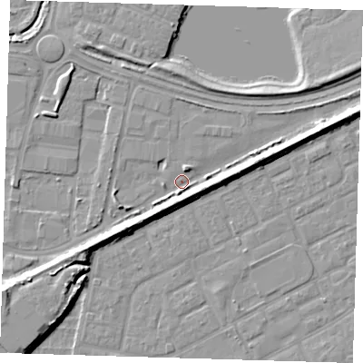 Shaded relief map of the ground around SE280FP, computed from Environment Agency LiDAR. The ground here sits at about 1 m above sea level and falls 9 m across the surrounding 800 m. Surface water reaching this point runs off ground lying to the south-west, 6.4 m higher.