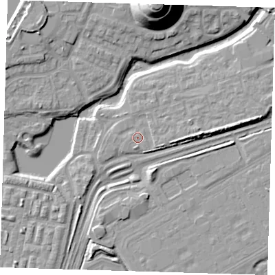Shaded relief map of the ground around SE280FQ, computed from Environment Agency LiDAR. The ground here sits at about 3 m above sea level and falls 25 m across the surrounding 800 m. Surface water reaching this point runs off ground lying to the east-south-east, 1.7 m higher.