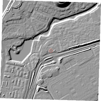 Shaded relief map of the ground around SE280FR, computed from Environment Agency LiDAR. The ground here sits at about 3 m above sea level and falls 20 m across the surrounding 800 m. Surface water reaching this point runs off ground lying to the west, 1.3 m higher.