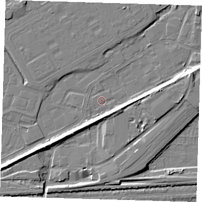 Shaded relief map of the ground around SE280FS, computed from Environment Agency LiDAR. The ground here sits at about 1 m above sea level and falls 9 m across the surrounding 800 m. Surface water reaching this point runs off ground lying to the south, 5.9 m higher.