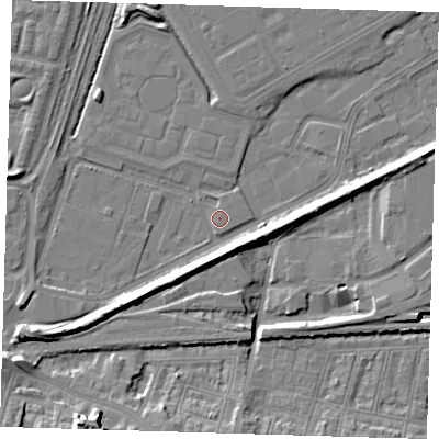 Shaded relief map of the ground around SE280FT, computed from Environment Agency LiDAR. The ground here sits at about 2 m above sea level and falls 13 m across the surrounding 800 m. Surface water reaching this point runs off ground lying to the west-south-west, 7.9 m higher.