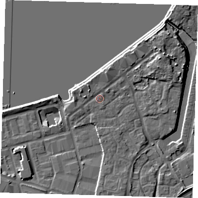 Shaded relief map of the ground around SE280GB, computed from Environment Agency LiDAR. The ground here sits at about 6 m above sea level and falls 8 m across the surrounding 800 m. Surface water reaching this point runs off ground lying to the west-north-west, 2.1 m higher.