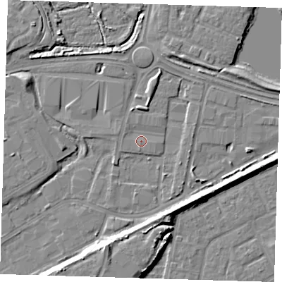 Shaded relief map of the ground around SE280GU, computed from Environment Agency LiDAR. The ground here sits at about 2 m above sea level and falls 9 m across the surrounding 800 m. Surface water reaching this point runs off ground lying to the south, 1.6 m higher.
