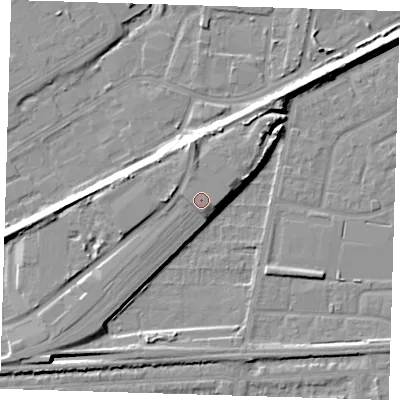 Shaded relief map of the ground around SE280GW, computed from Environment Agency LiDAR. The ground here sits at about 7 m above sea level and falls 9 m across the surrounding 800 m. Surface water reaching this point runs off ground lying to the north-north-west, 0.6 m higher.