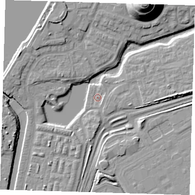 Shaded relief map of the ground around SE280HB, computed from Environment Agency LiDAR. The ground here sits at about 2 m above sea level and falls 25 m across the surrounding 800 m. Surface water reaching this point runs off ground lying to the east-south-east, 1.5 m higher.