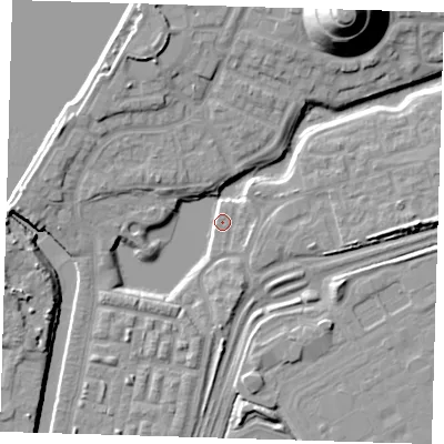 Shaded relief map of the ground around SE280HD, computed from Environment Agency LiDAR. The ground here sits at about 2 m above sea level and falls 25 m across the surrounding 800 m. Surface water reaching this point runs off ground lying to the south-west, 4.2 m higher.