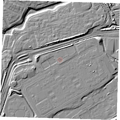 Shaded relief map of the ground around SE280HE, computed from Environment Agency LiDAR. The ground here sits at about 3 m above sea level and falls 8 m across the surrounding 800 m. Surface water reaching this point runs off ground lying to the east-north-east, 0.9 m higher.