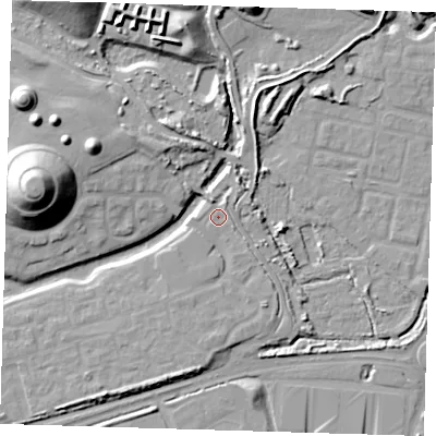 Shaded relief map of the ground around SE280HH, computed from Environment Agency LiDAR. The ground here sits at about 2 m above sea level and falls 25 m across the surrounding 800 m. Surface water reaching this point runs off ground lying to the south, 3.1 m higher.