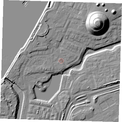 Shaded relief map of the ground around SE280HR, computed from Environment Agency LiDAR. The ground here sits at about 3 m above sea level and falls 25 m across the surrounding 800 m. Surface water reaching this point runs off ground lying to the north-east, 21.7 m higher.