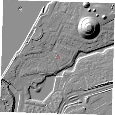 Shaded relief map of the ground around SE280HS, computed from Environment Agency LiDAR. The ground here sits at about 3 m above sea level and falls 25 m across the surrounding 800 m. Surface water reaching this point runs off ground lying to the north-east, 21.4 m higher.