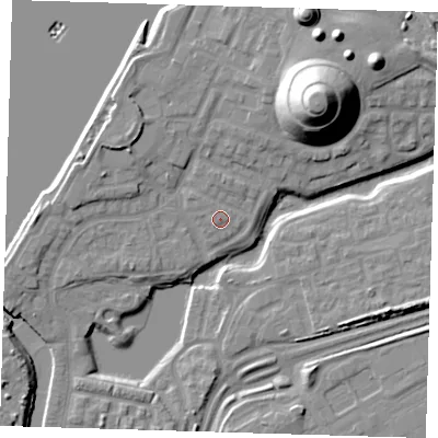 Shaded relief map of the ground around SE280JE, computed from Environment Agency LiDAR. The ground here sits at about 4 m above sea level and falls 25 m across the surrounding 800 m. The ground contributing surface water to this point lies to the west-north-west.