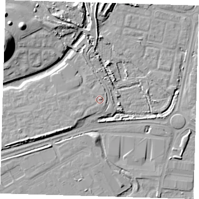 Shaded relief map of the ground around SE280JJ, computed from Environment Agency LiDAR. The ground here sits at about 4 m above sea level and falls 19 m across the surrounding 800 m. Surface water reaching this point runs off ground lying to the south-west, 1.5 m higher.