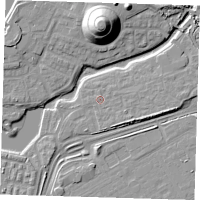 Shaded relief map of the ground around SE280JL, computed from Environment Agency LiDAR. The ground here sits at about 3 m above sea level and falls 25 m across the surrounding 800 m. Surface water reaching this point runs off ground lying to the east-south-east, 3.4 m higher.