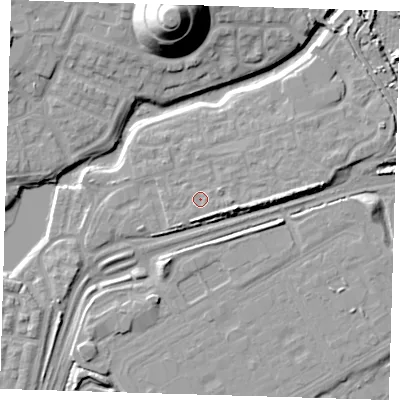 Shaded relief map of the ground around SE280JP, computed from Environment Agency LiDAR. The ground here sits at about 3 m above sea level and falls 25 m across the surrounding 800 m. Surface water reaching this point runs off ground lying to the east, 1.0 m higher.