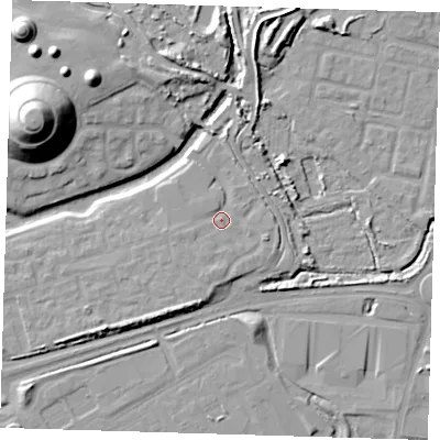 Shaded relief map of the ground around SE280JQ, computed from Environment Agency LiDAR. The ground here sits at about 4 m above sea level and falls 25 m across the surrounding 800 m. Surface water reaching this point runs off ground lying to the south-south-west, 2.4 m higher.