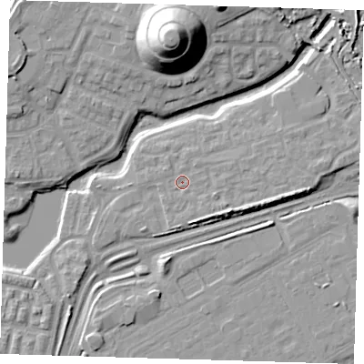 Shaded relief map of the ground around SE280JS, computed from Environment Agency LiDAR. The ground here sits at about 3 m above sea level and falls 25 m across the surrounding 800 m. Surface water reaching this point runs off ground lying to the east-south-east, 3.4 m higher.